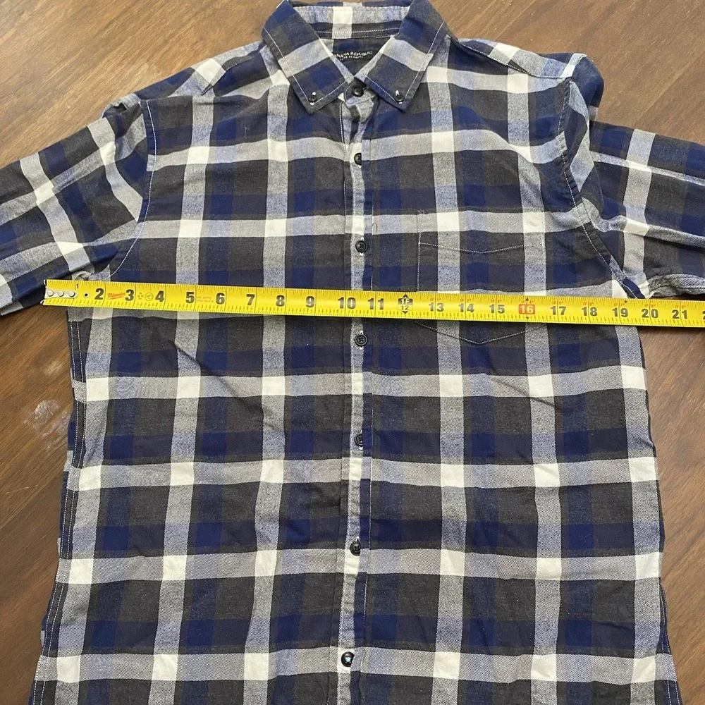 Banana Republic Men's M Luxe Flannel Shirt Untucked Slim Fit Navy Blue Plaid